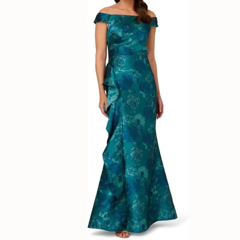 Adrianna Papell Ruffle Jacquard Mermaid Gown Teal Multi
